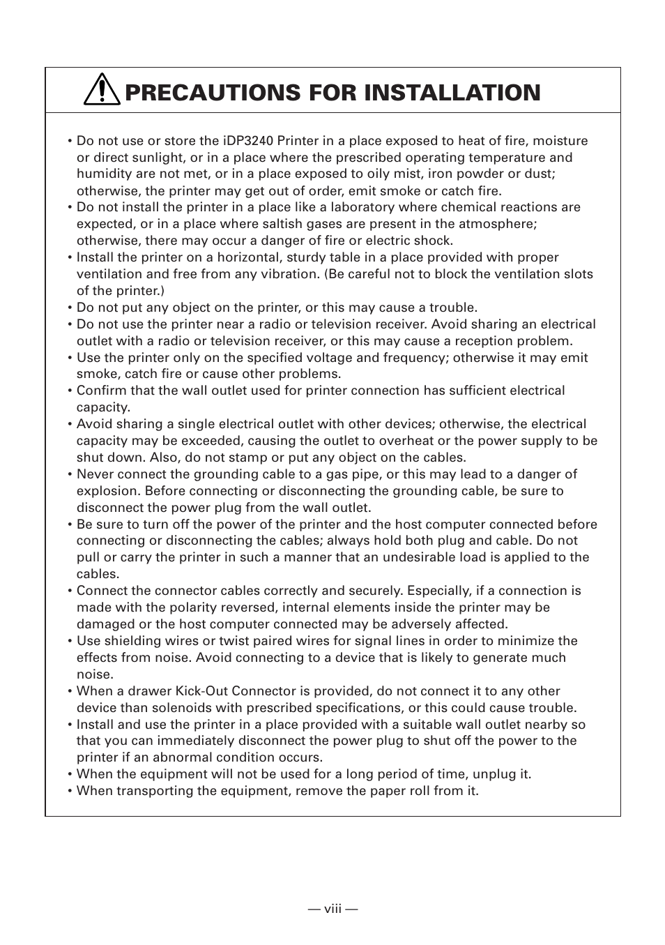 Precautions for installation | CBM America iDP3240 User Manual | Page 9 / 230