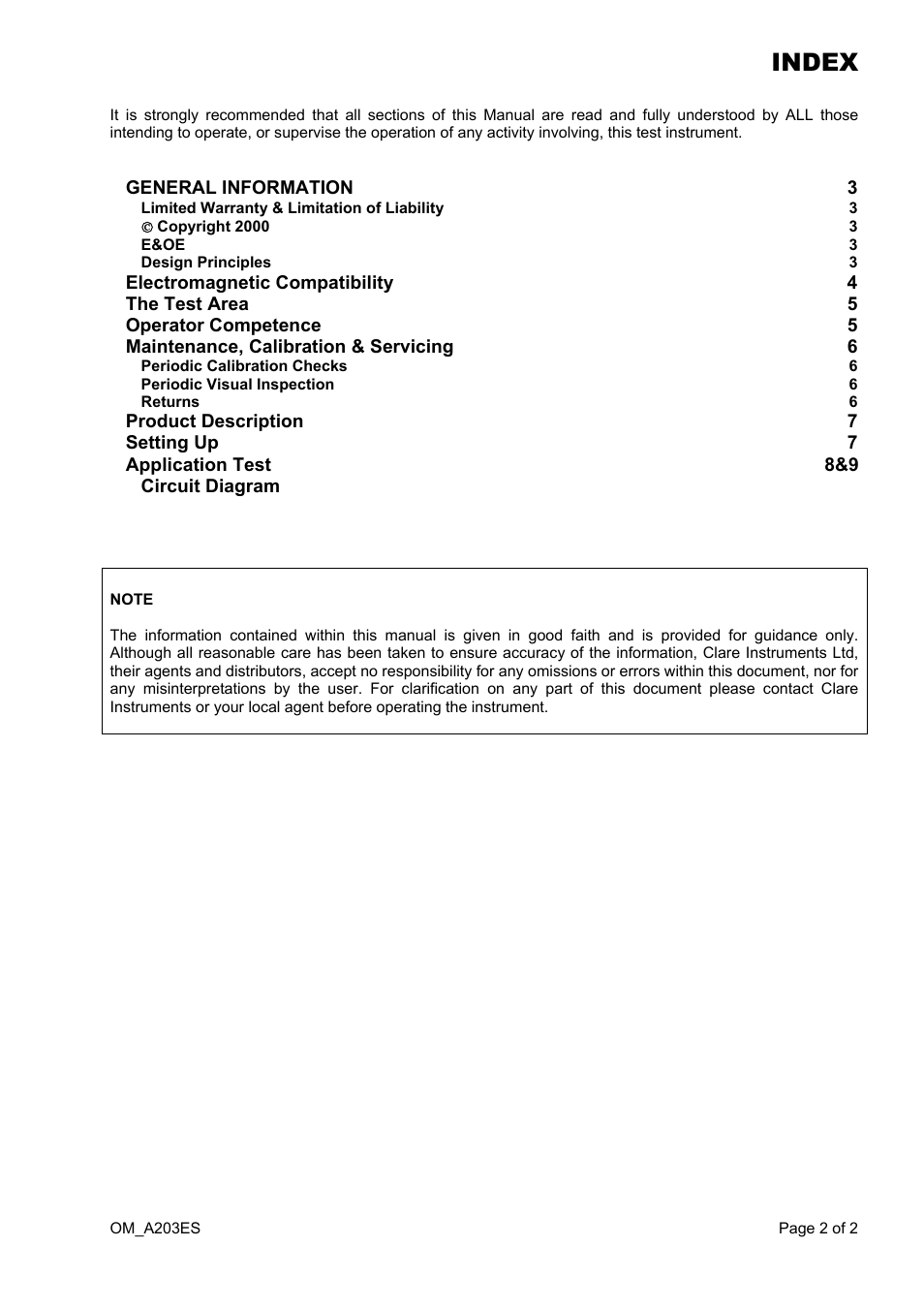 Index | Seaward A203ES User Manual | Page 2 / 10