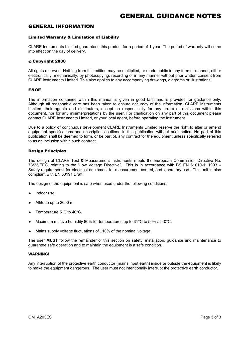 General information, Limited warranty & limitation of liability, Copyright 2000 | E&oe, Design principles | Seaward A203ES User Manual | Page 3 / 10