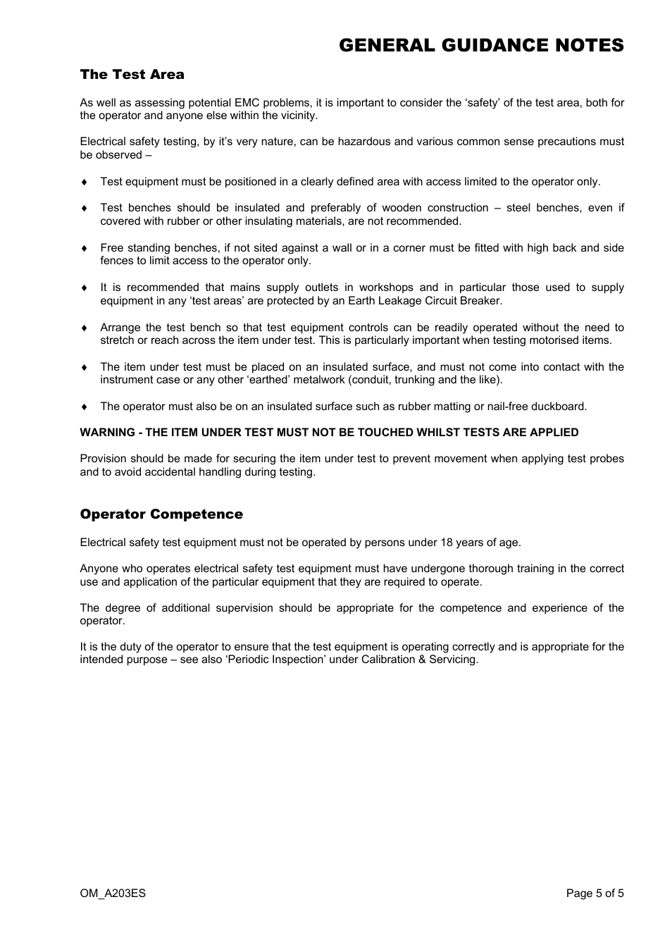 The test area, Operator competence | Seaward A203ES User Manual | Page 5 / 10