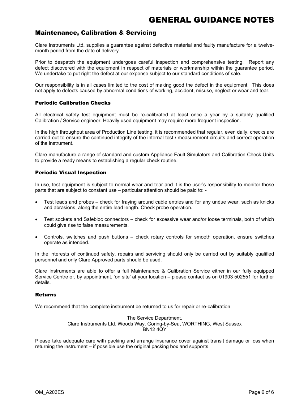 Maintenance, calibration & servicing, Periodic calibration checks, Periodic visual inspection | Returns, Bn12 4qy | Seaward A203ES User Manual | Page 6 / 10