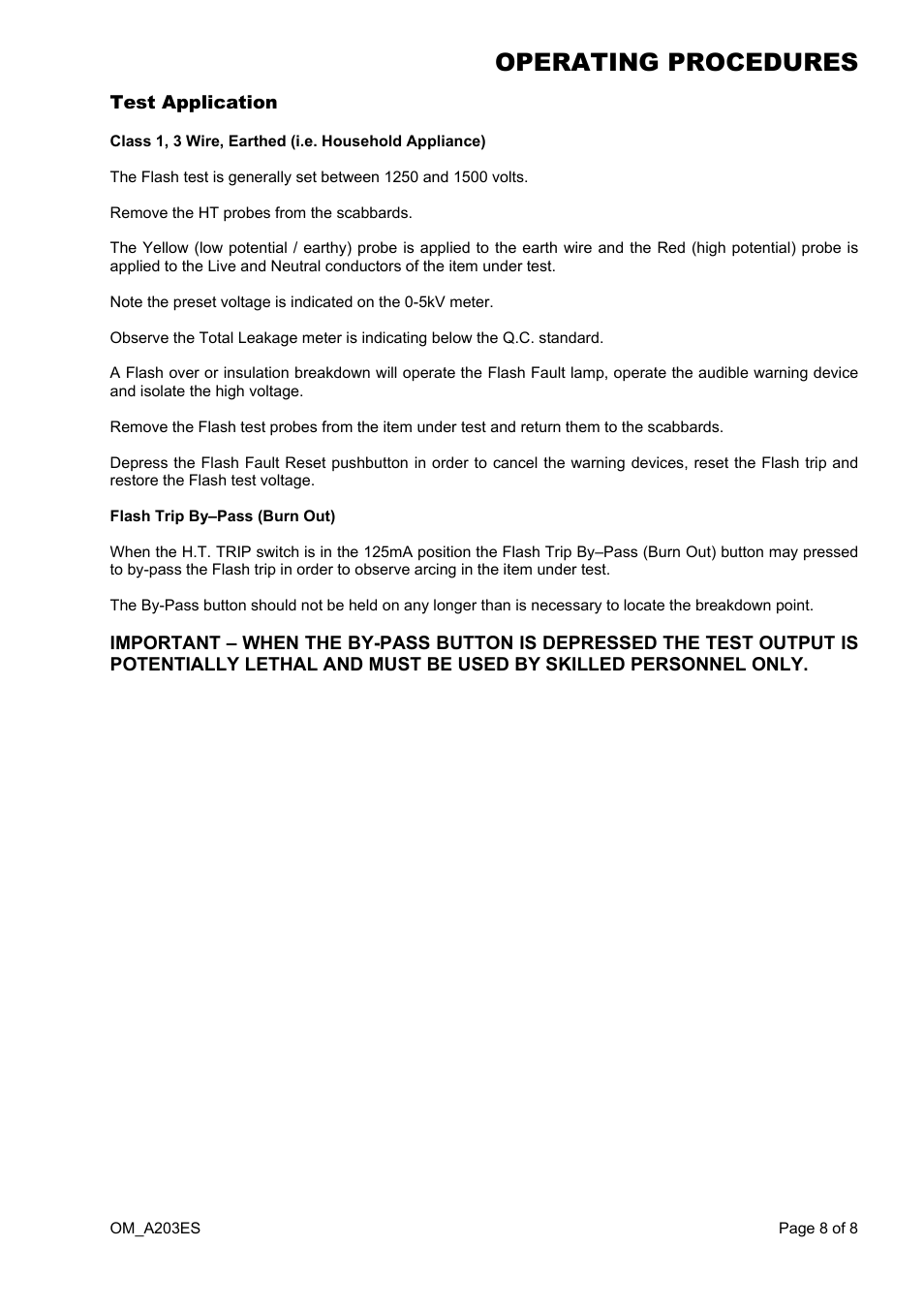 Test application, Operating procedures | Seaward A203ES User Manual | Page 8 / 10