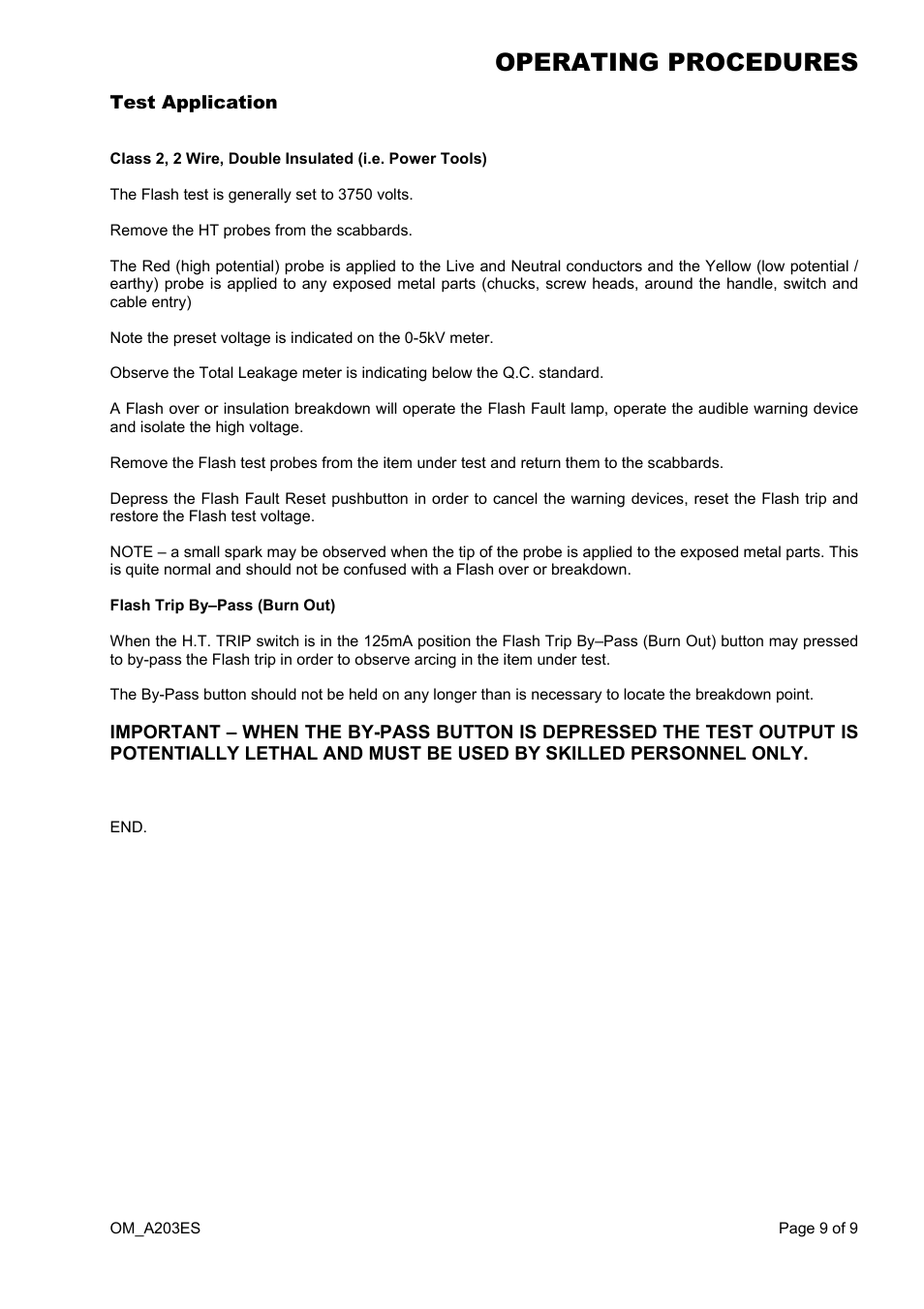 Test application, Operating procedures | Seaward A203ES User Manual | Page 9 / 10