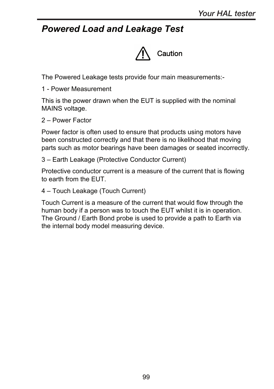 Powered load and leakage test, Your hal tester | Seaward ClareHAL User Manual | Page 100 / 164