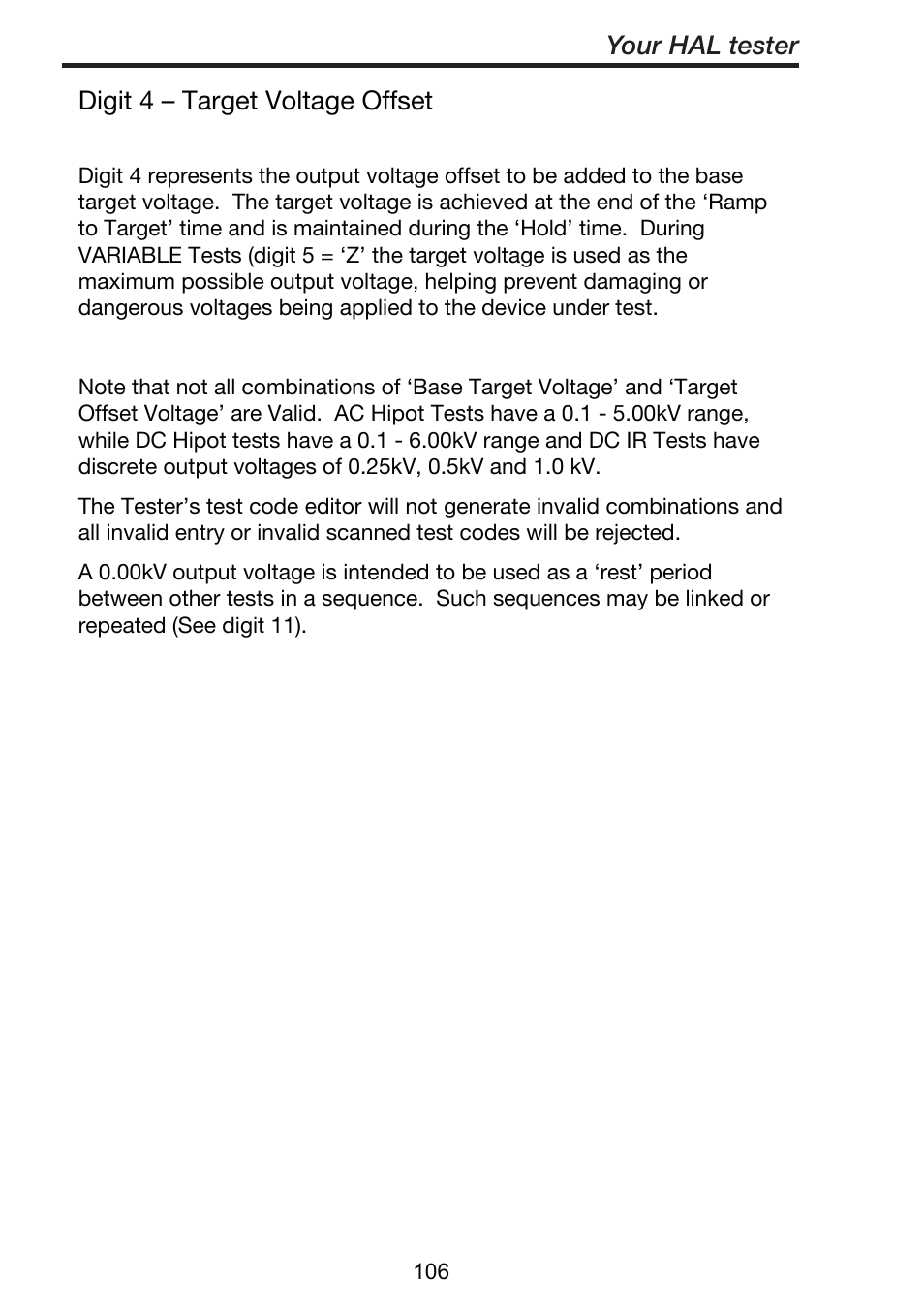 Digit 4 – target voltage offset, Your hal tester | Seaward ClareHAL User Manual | Page 107 / 164
