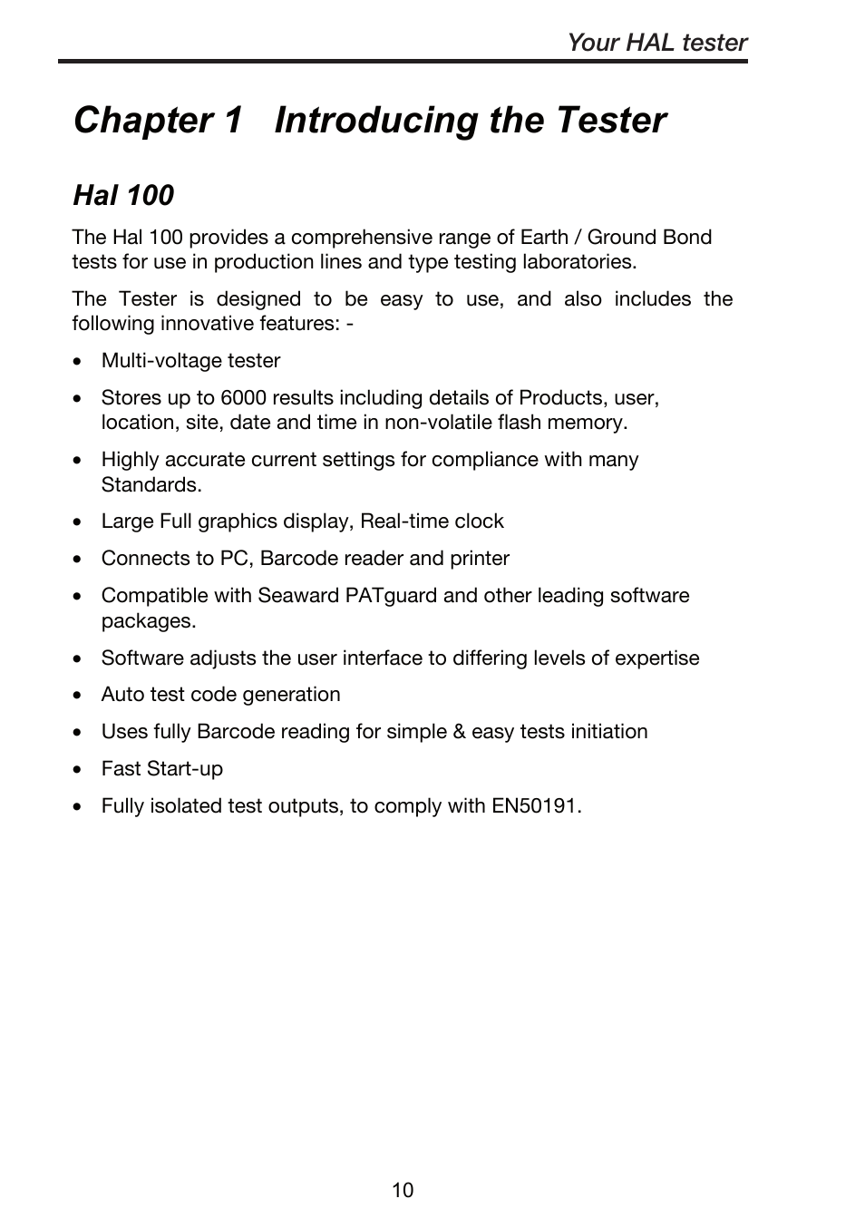 Chapter 1 introducing the tester, Hal 100 | Seaward ClareHAL User Manual | Page 11 / 164
