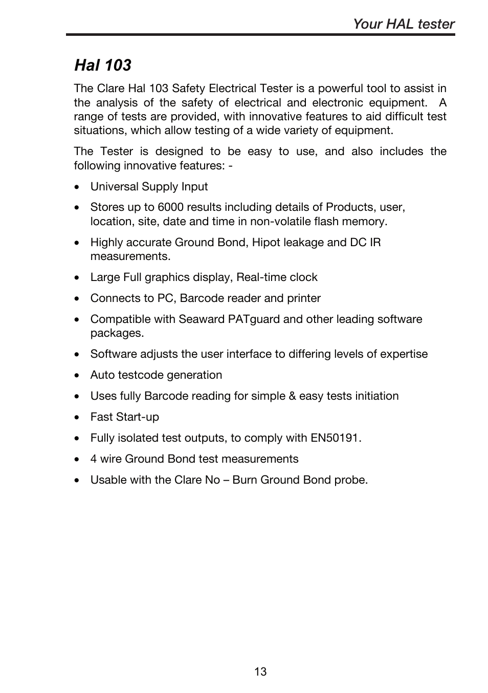 Hal 103, Your hal tester | Seaward ClareHAL User Manual | Page 14 / 164