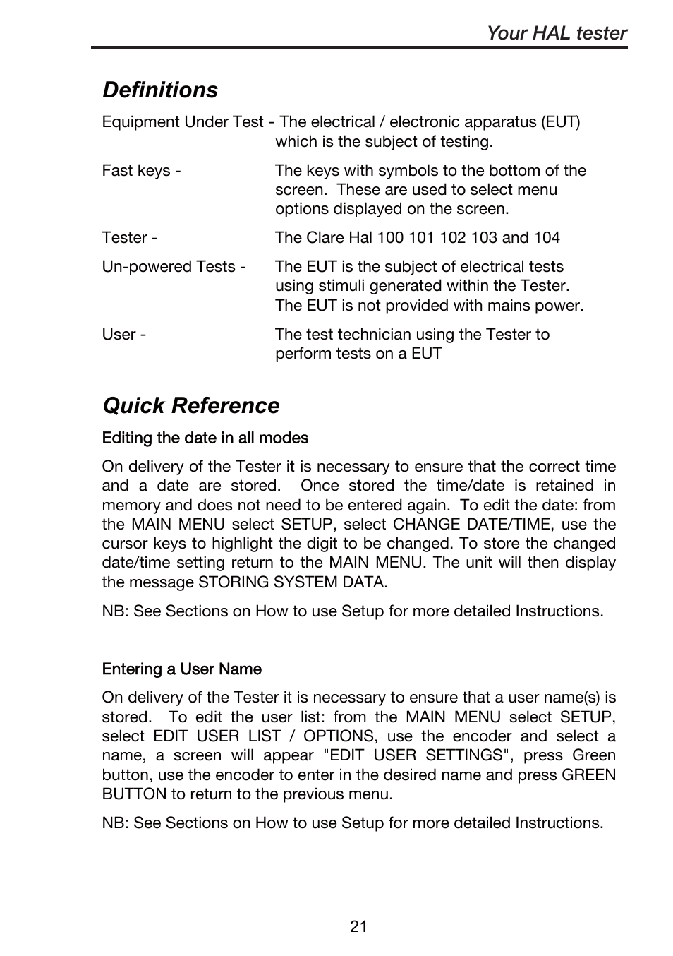 Definitions, Quick reference, Your hal tester | Seaward ClareHAL User Manual | Page 22 / 164