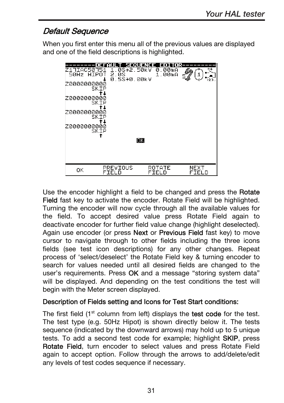 Default sequence, Your hal tester | Seaward ClareHAL User Manual | Page 32 / 164