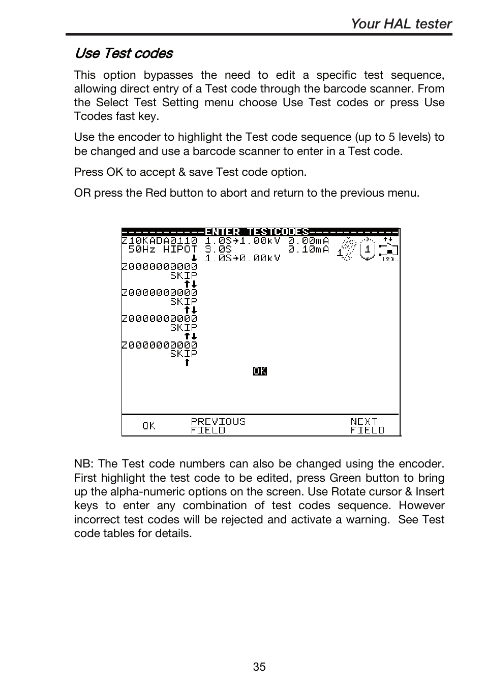 Use test codes, Your hal tester | Seaward ClareHAL User Manual | Page 36 / 164