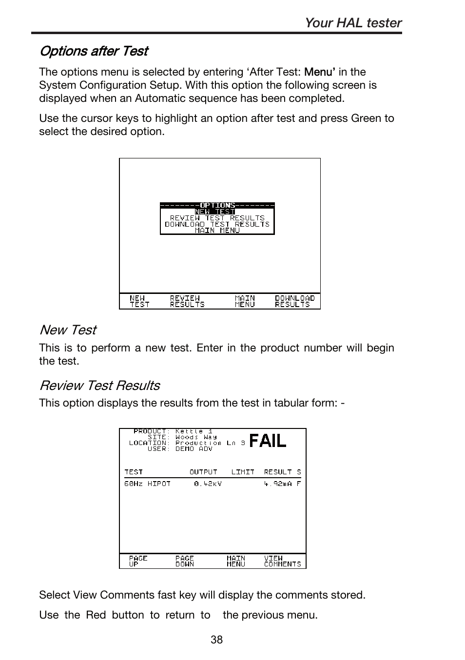 Options after test, New test, Review test results | Your hal tester | Seaward ClareHAL User Manual | Page 39 / 164