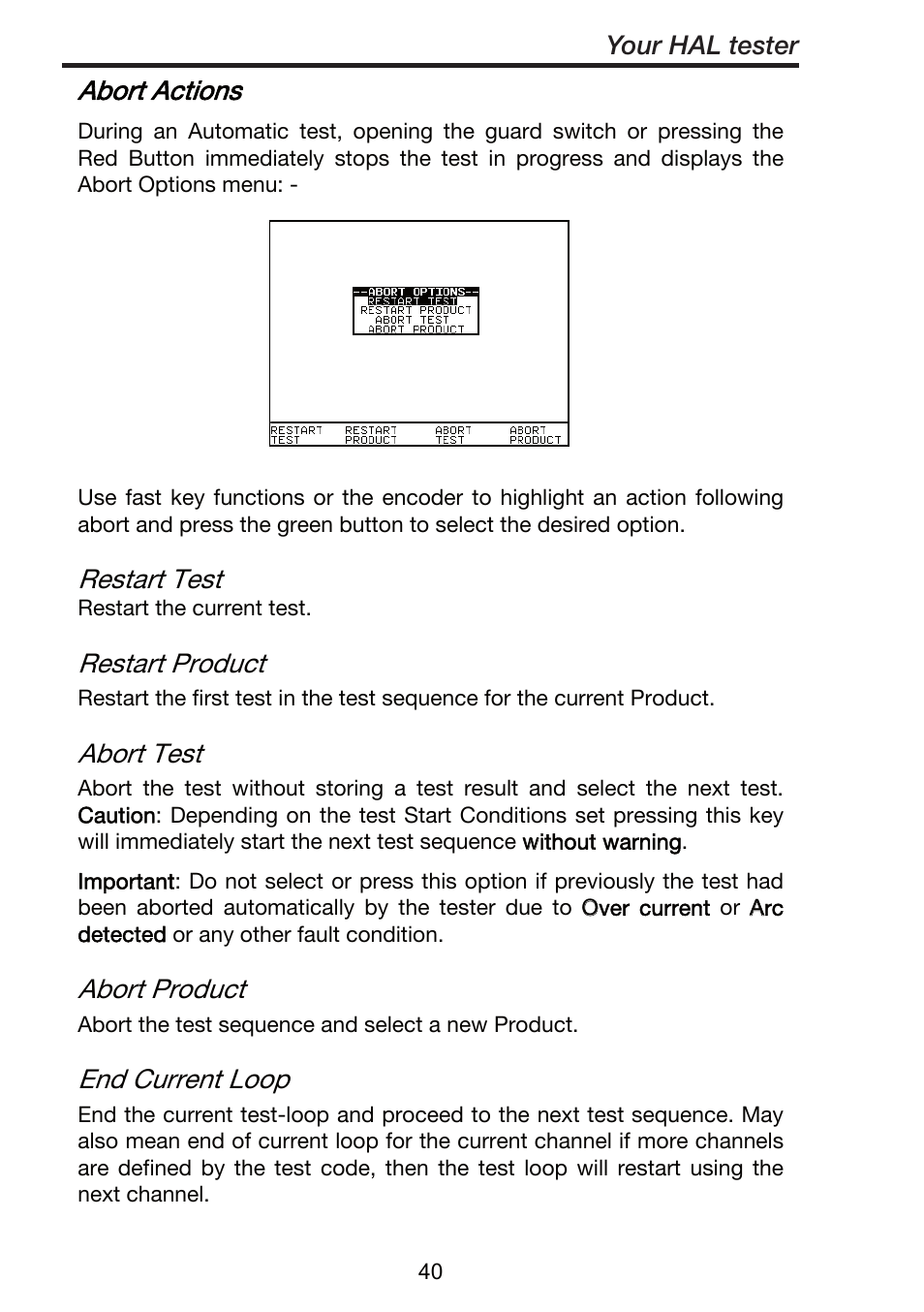 Abort actions, Restart test, Restart product | Abort test, Abort product, End current loop | Seaward ClareHAL User Manual | Page 41 / 164