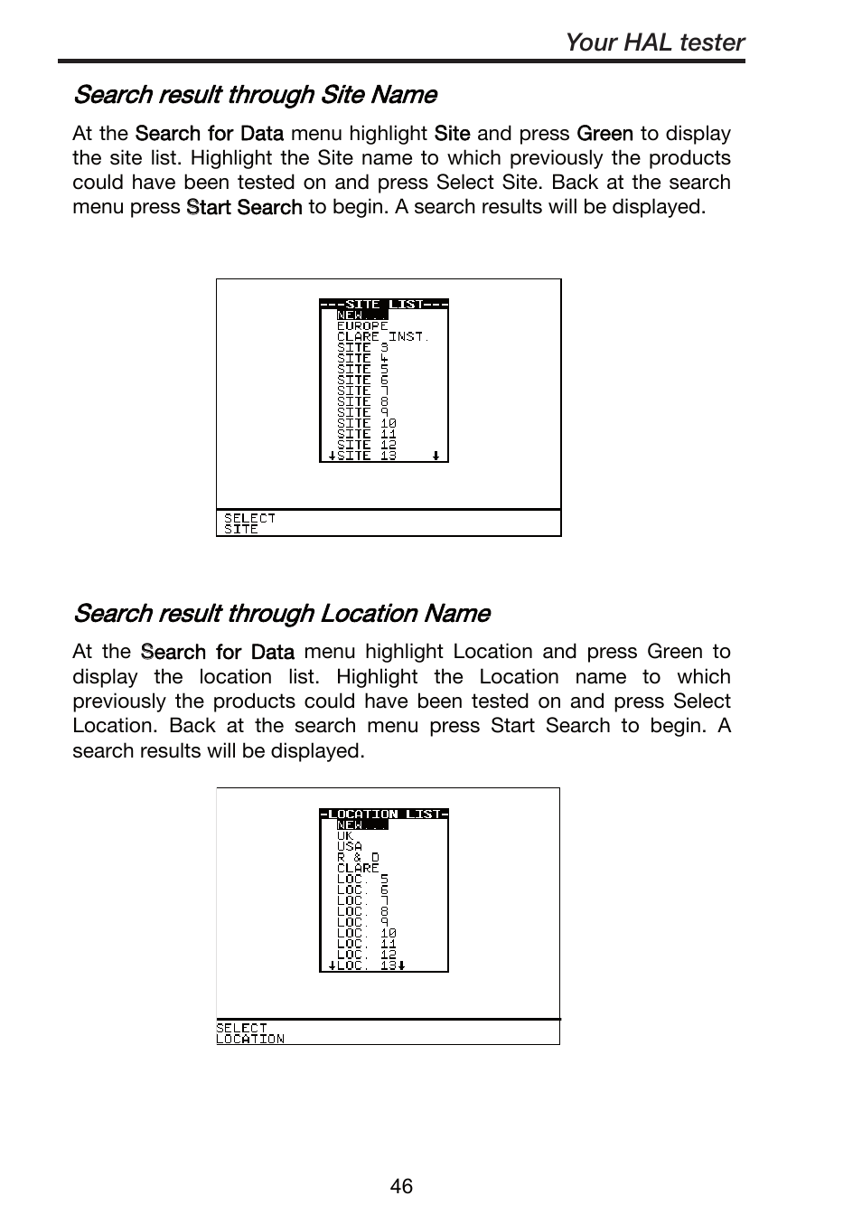 Search result through site name, Search result through location name, Your hal tester | Seaward ClareHAL User Manual | Page 47 / 164