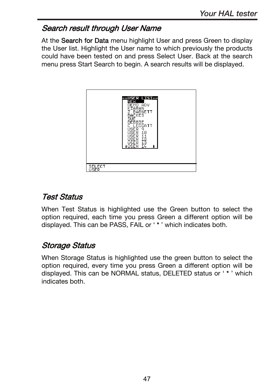 Search result through user name, Test status, Storage status | Seaward ClareHAL User Manual | Page 48 / 164