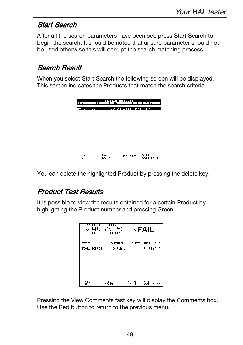 Start search, Search result, Product test results | Seaward ClareHAL User Manual | Page 50 / 164