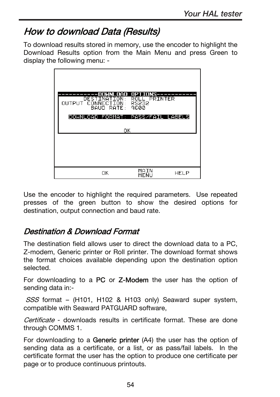 How to download data (results), Destination & download format, Your hal tester | Seaward ClareHAL User Manual | Page 55 / 164