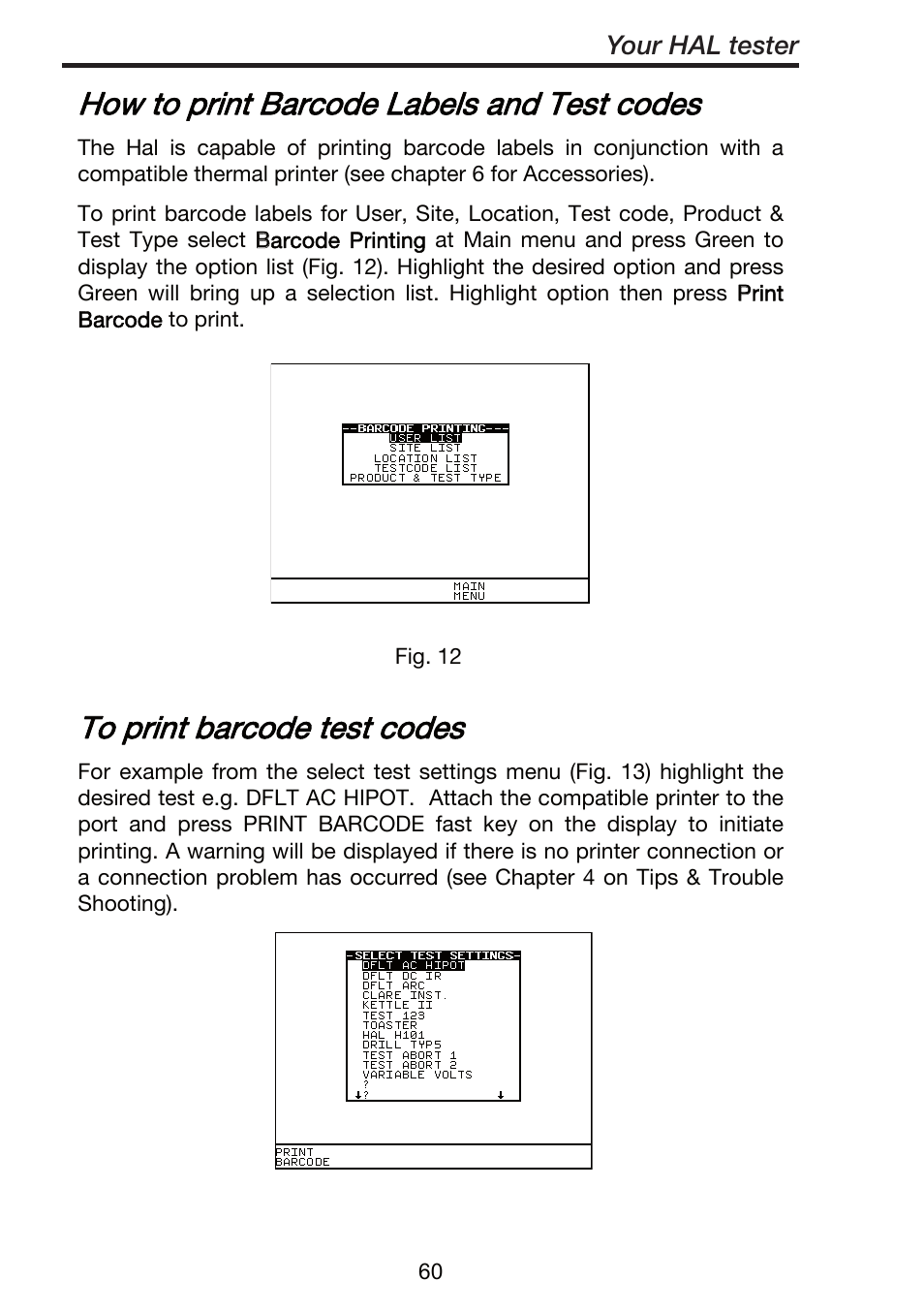 How to print barcode labels and test codes | Seaward ClareHAL User Manual | Page 61 / 164