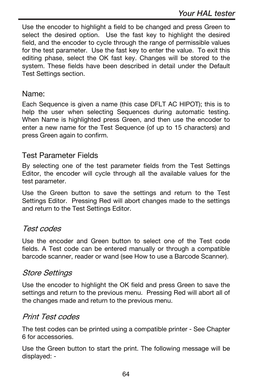 Test codes, Store settings, Print test codes | Seaward ClareHAL User Manual | Page 65 / 164