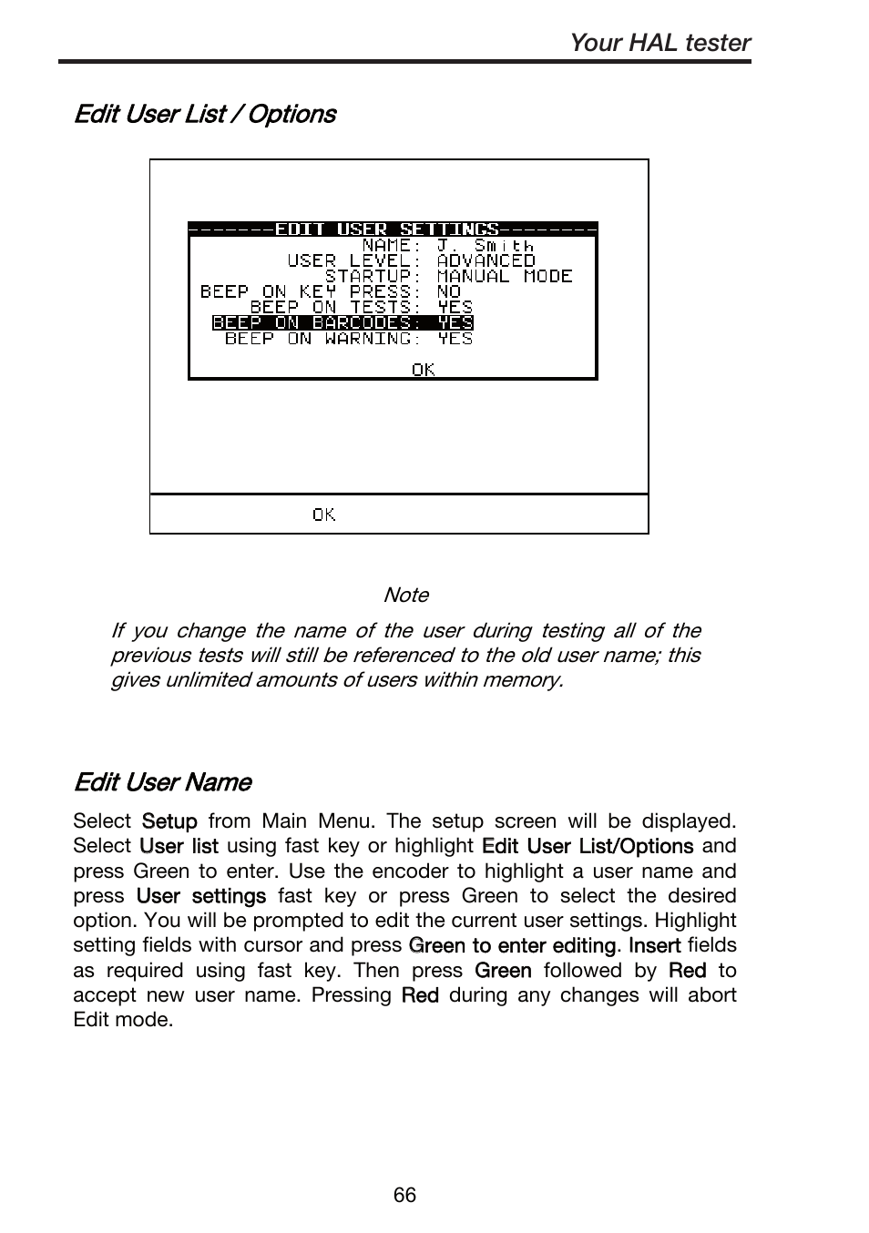 Edit user list / options, Edit user name, Your hal tester | Seaward ClareHAL User Manual | Page 67 / 164