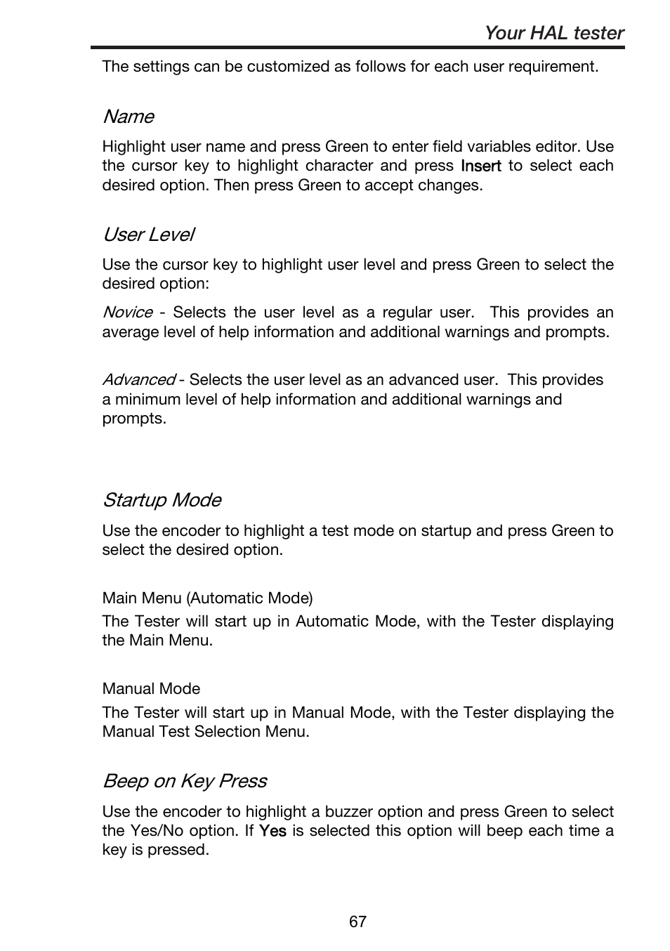 Name, User level, Startup mode | Beep on key press, Your hal tester | Seaward ClareHAL User Manual | Page 68 / 164