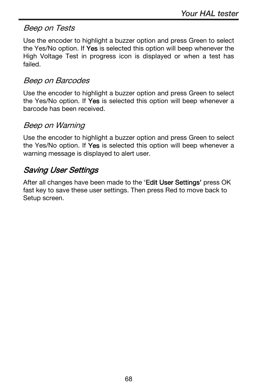 Beep on tests, Beep on barcodes, Beep on warning | Saving user settings | Seaward ClareHAL User Manual | Page 69 / 164