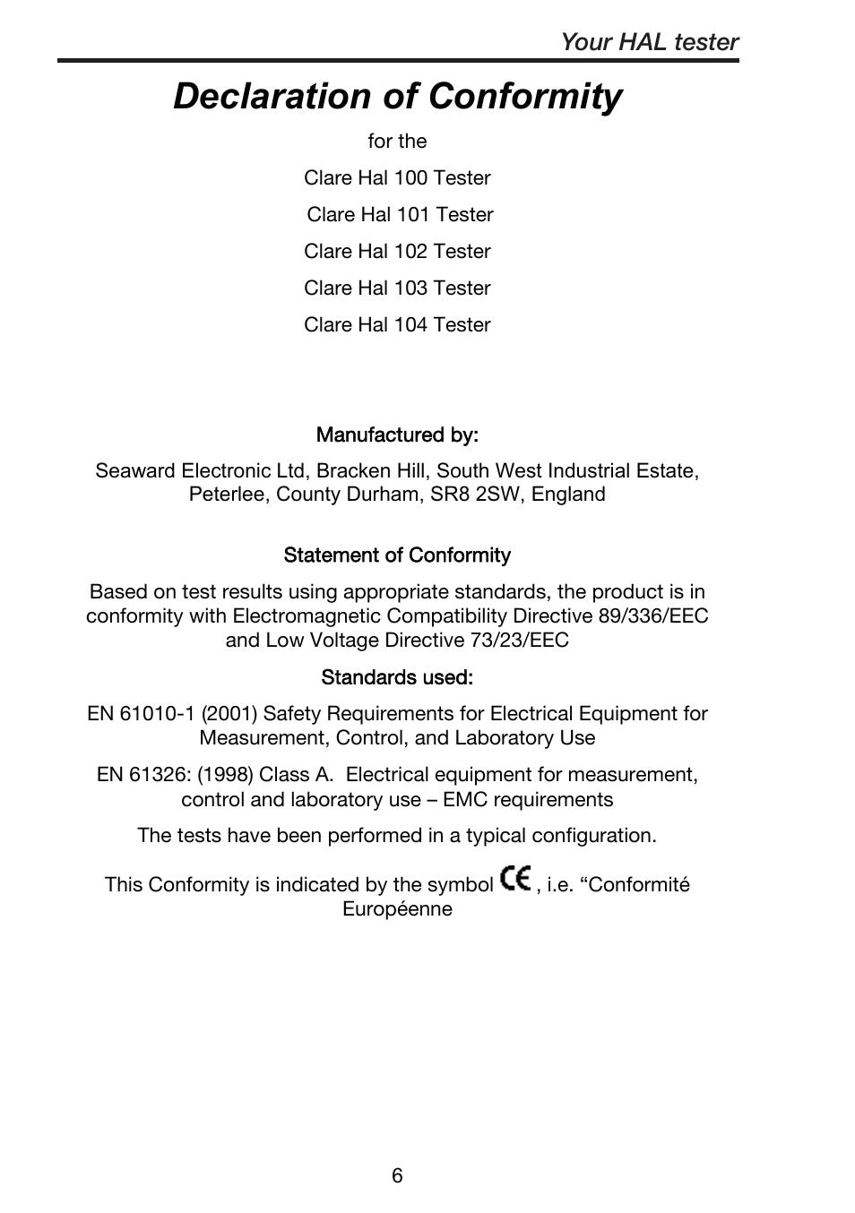 Declaration of conformity, Your hal tester | Seaward ClareHAL User Manual | Page 7 / 164