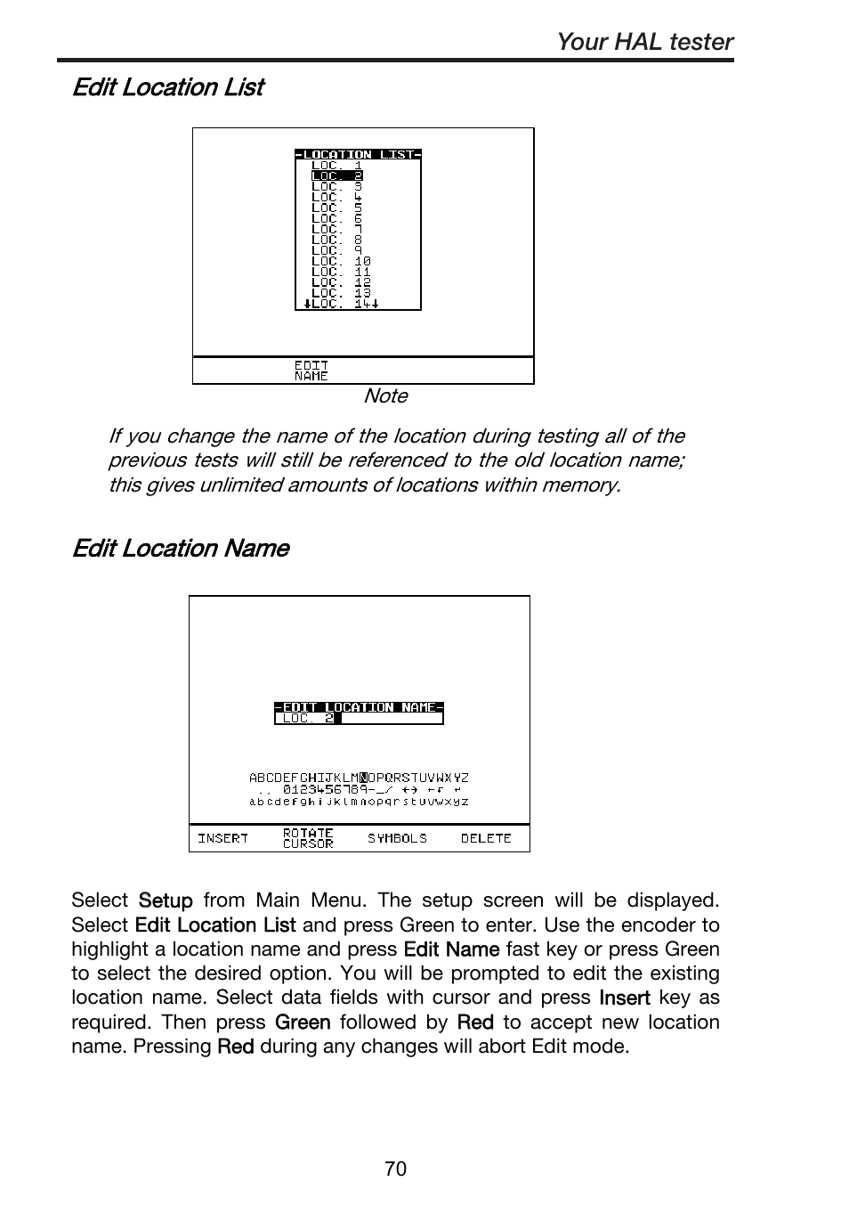 Edit location list, Edit location name, Your hal tester | Seaward ClareHAL User Manual | Page 71 / 164