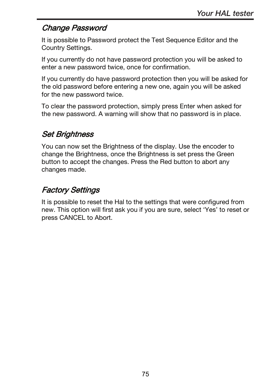Change password, Set brightness, Factory settings | Your hal tester | Seaward ClareHAL User Manual | Page 76 / 164