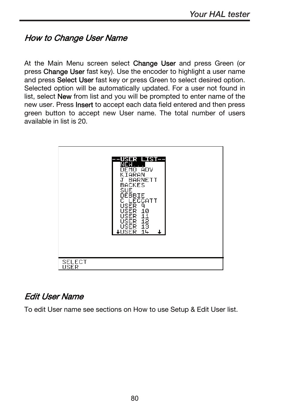 How to change user name, Edit user name, Your hal tester | Seaward ClareHAL User Manual | Page 81 / 164