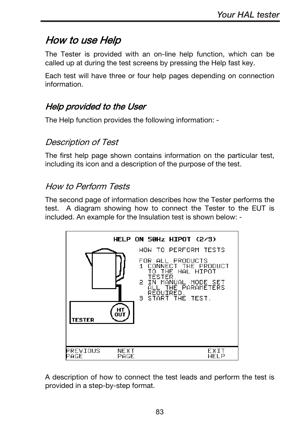 How to use help, Help provided to the user, Description of test | How to perform tests | Seaward ClareHAL User Manual | Page 84 / 164