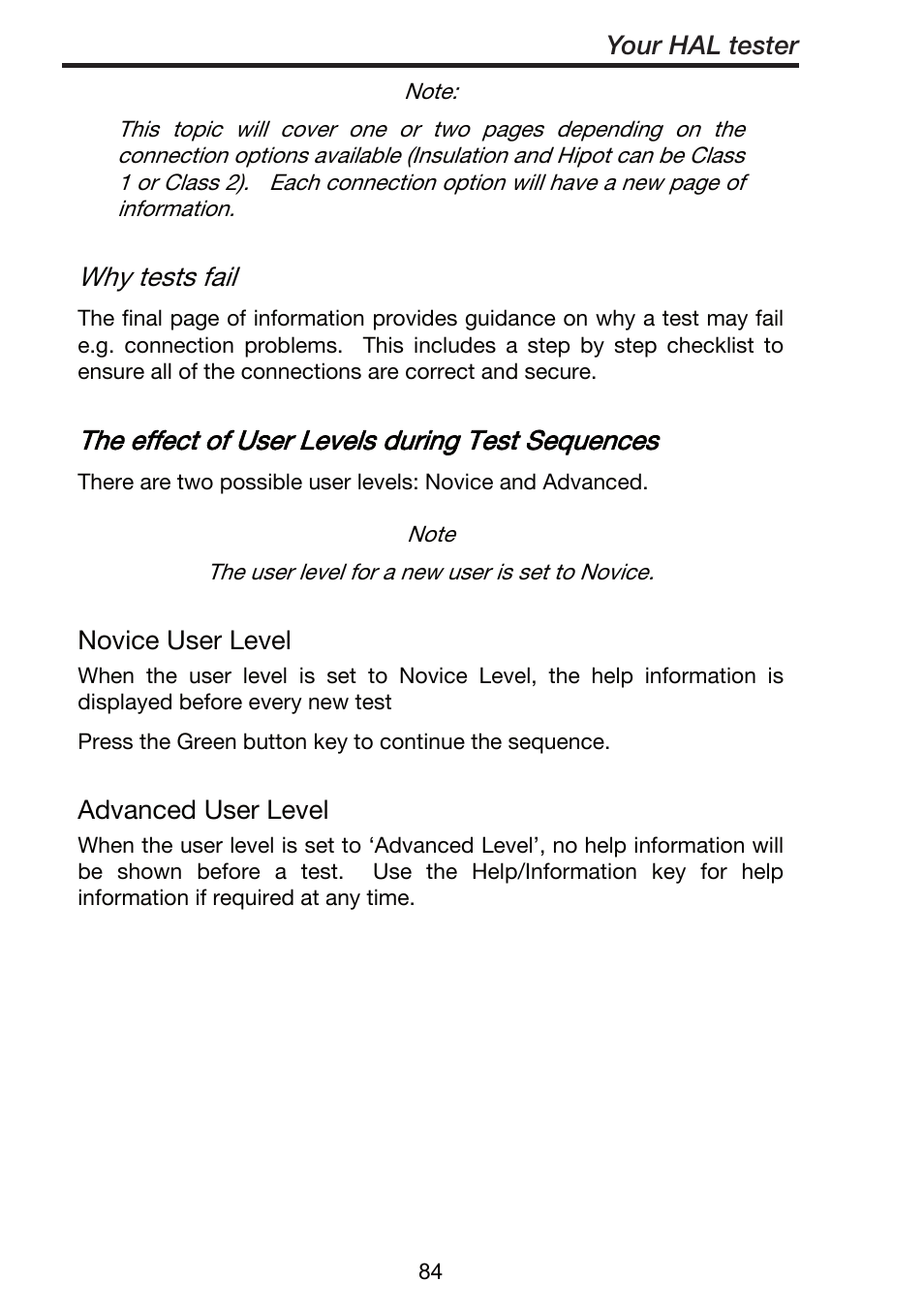 Why tests fail, The effect of user levels during test sequences | Seaward ClareHAL User Manual | Page 85 / 164