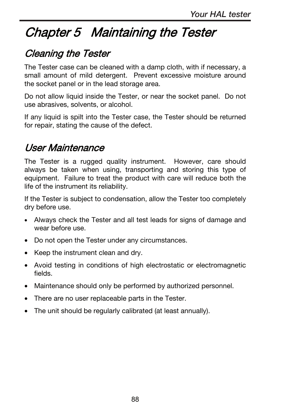 Chapter 5 maintaining the tester, Cleaning the tester, User maintenance | Seaward ClareHAL User Manual | Page 89 / 164