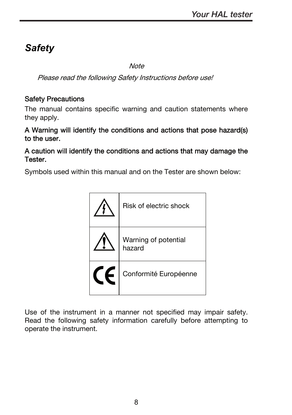 Safety, Your hal tester | Seaward ClareHAL User Manual | Page 9 / 164