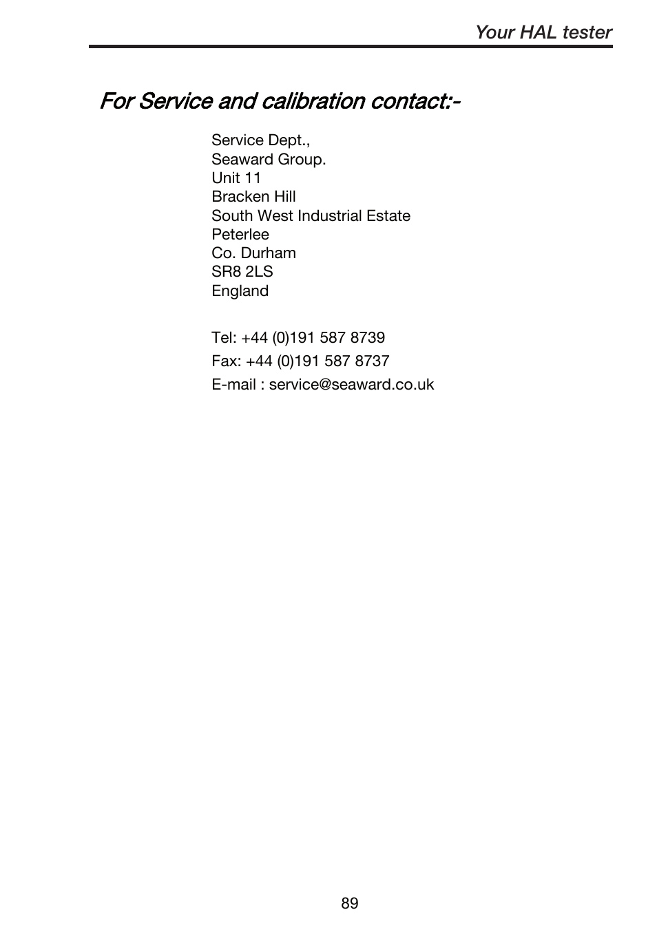 For service and calibration contact, Your hal tester | Seaward ClareHAL User Manual | Page 90 / 164