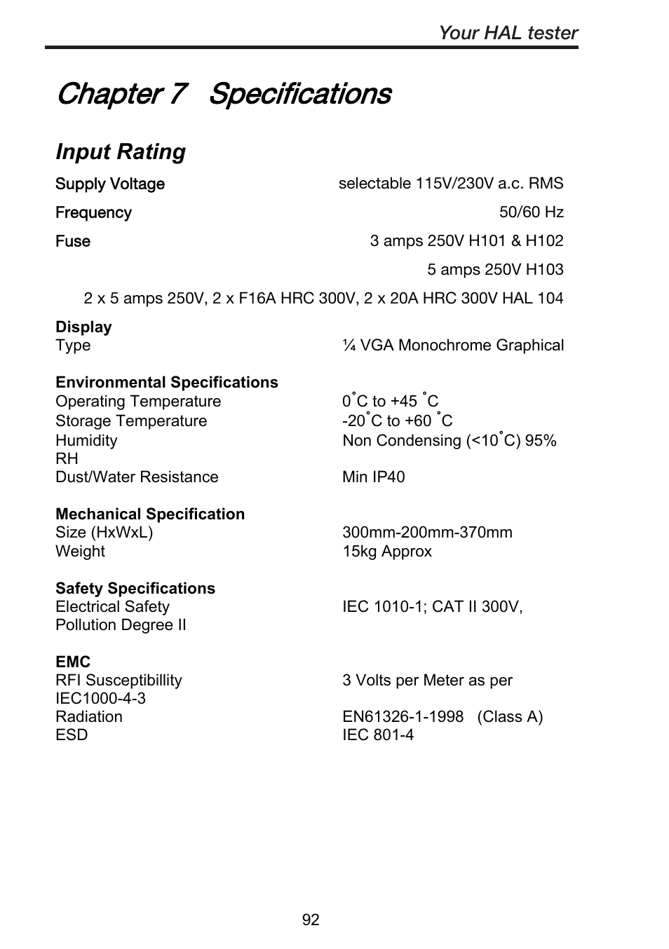 Chapter 7 specifications, Input rating, Your hal tester | Seaward ClareHAL User Manual | Page 93 / 164