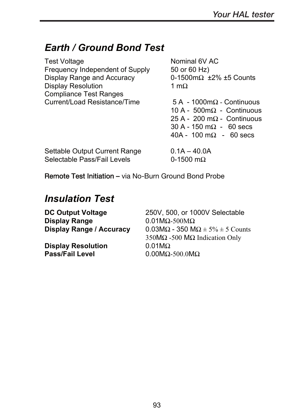 Earth / ground bond test, Insulation test, Your hal tester | Seaward ClareHAL User Manual | Page 94 / 164