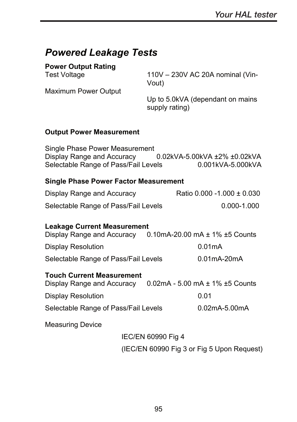 Powered leakage tests, Your hal tester | Seaward ClareHAL User Manual | Page 96 / 164