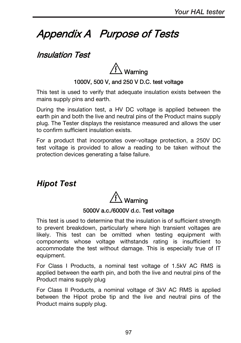 Appendix a purpose of tests, Insulation test, Hipot test | Seaward ClareHAL User Manual | Page 98 / 164