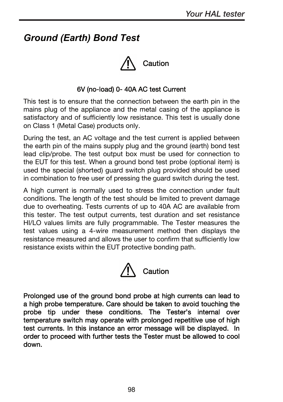 Ground (earth) bond test, Your hal tester | Seaward ClareHAL User Manual | Page 99 / 164