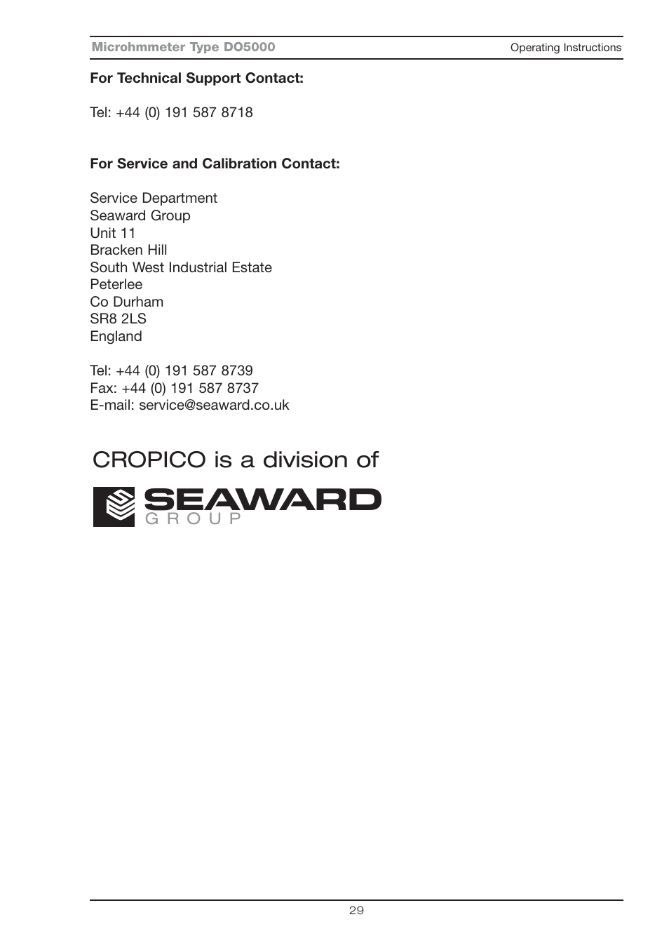 Seaward, Cropico is a division of | Seaward DO5000 Series User Manual | Page 34 / 36