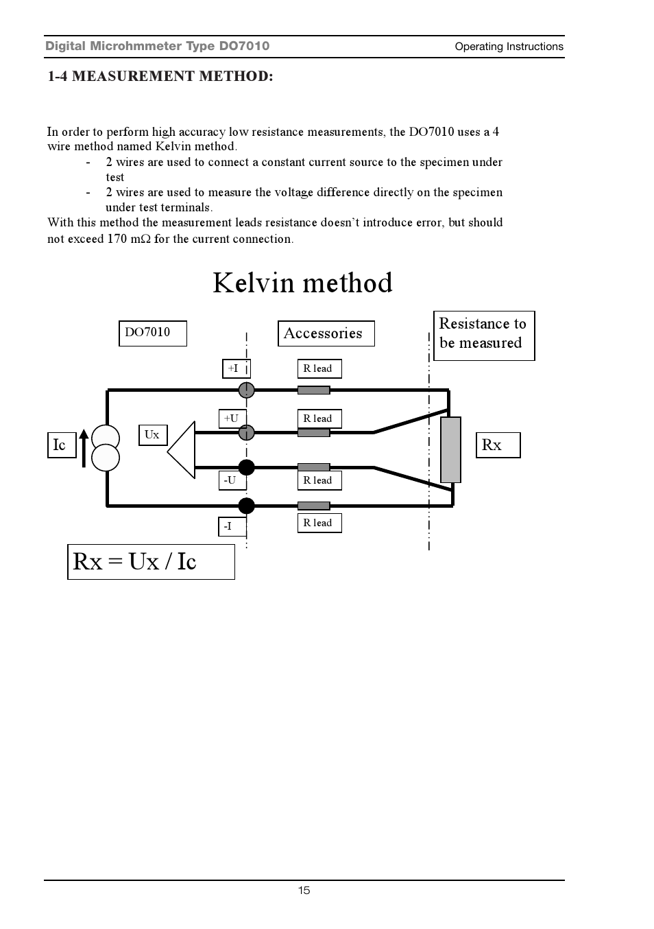 Kelvin method, Rx = ux / ic, Rx ic | Accessories resistance to be measured | Seaward DO7010 User Manual | Page 17 / 44