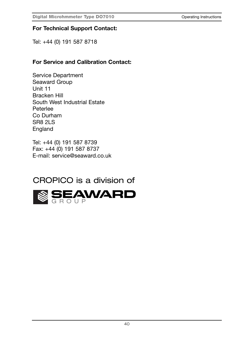 Seaward, Cropico is a division of | Seaward DO7010 User Manual | Page 42 / 44