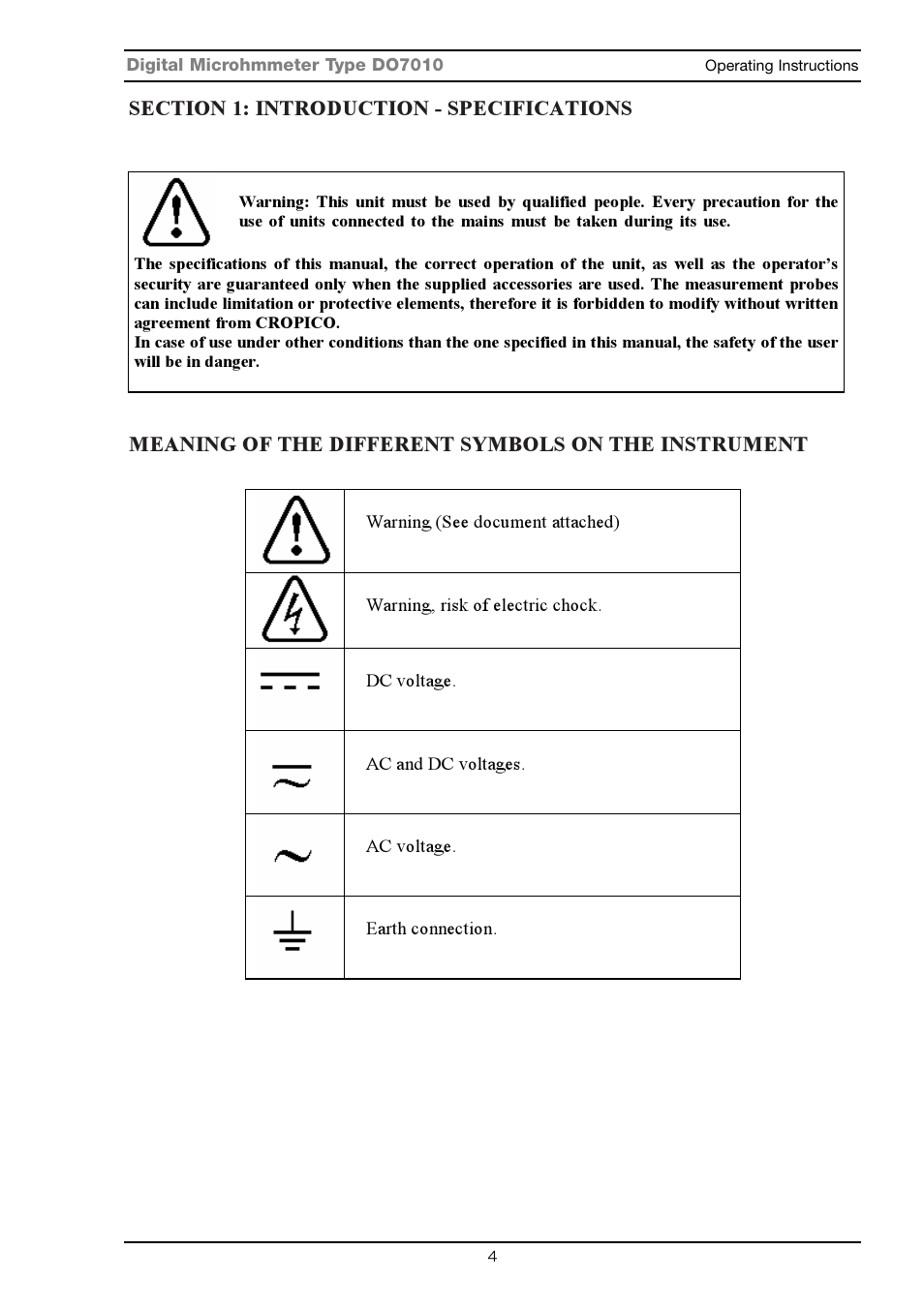 Meaning of the different symbols on the instrument | Seaward DO7010 User Manual | Page 6 / 44