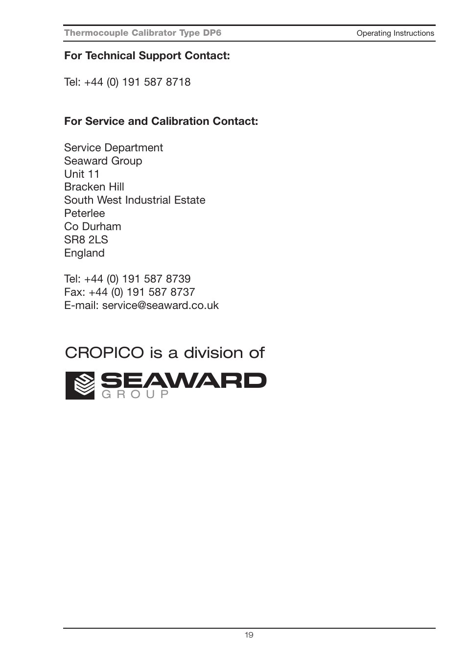 Seaward, Cropico is a division of | Seaward DP6 User Manual | Page 20 / 22