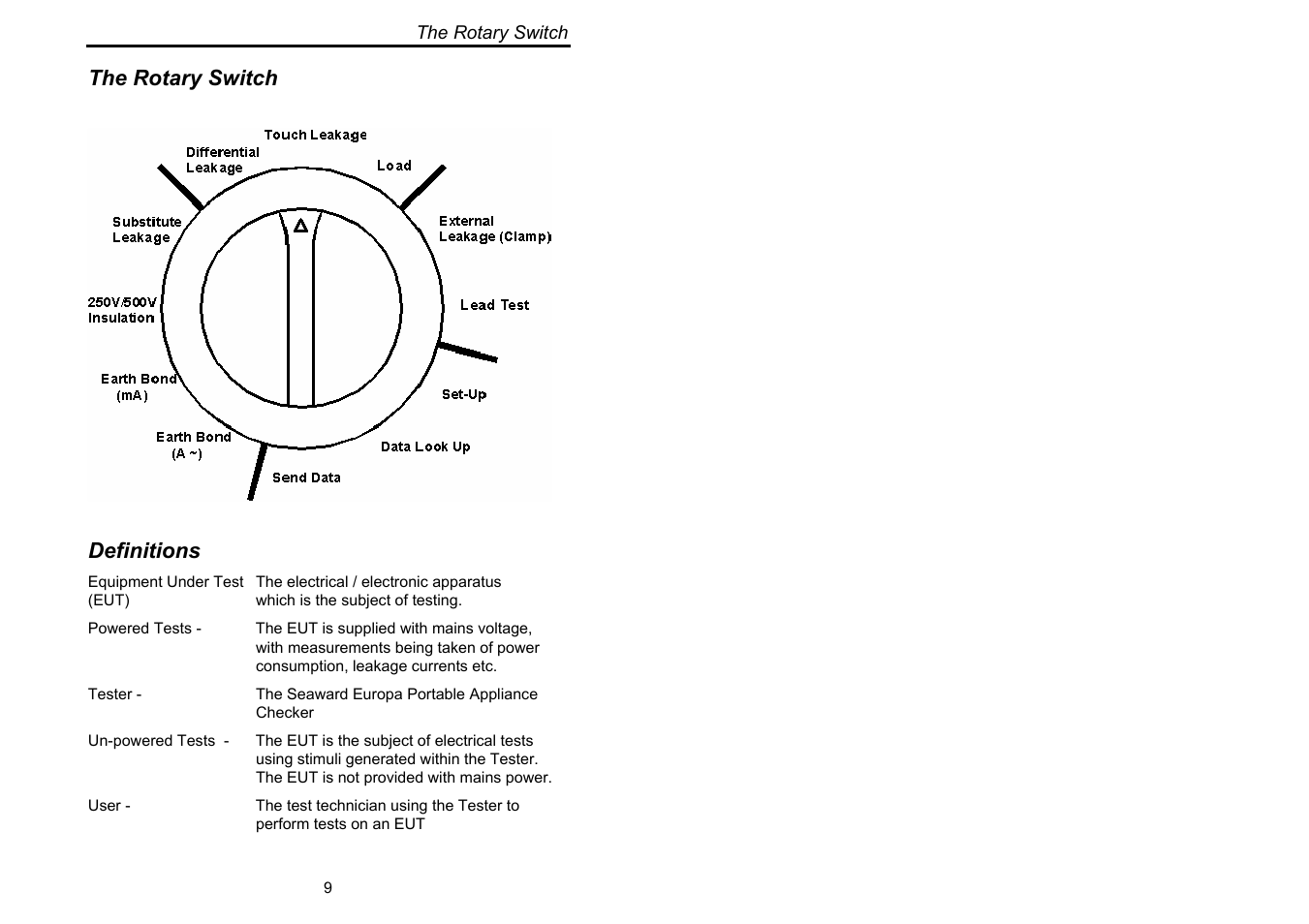 The rotary switch, Definitions | Seaward Europa Pac Plus User Manual | Page 15 / 53