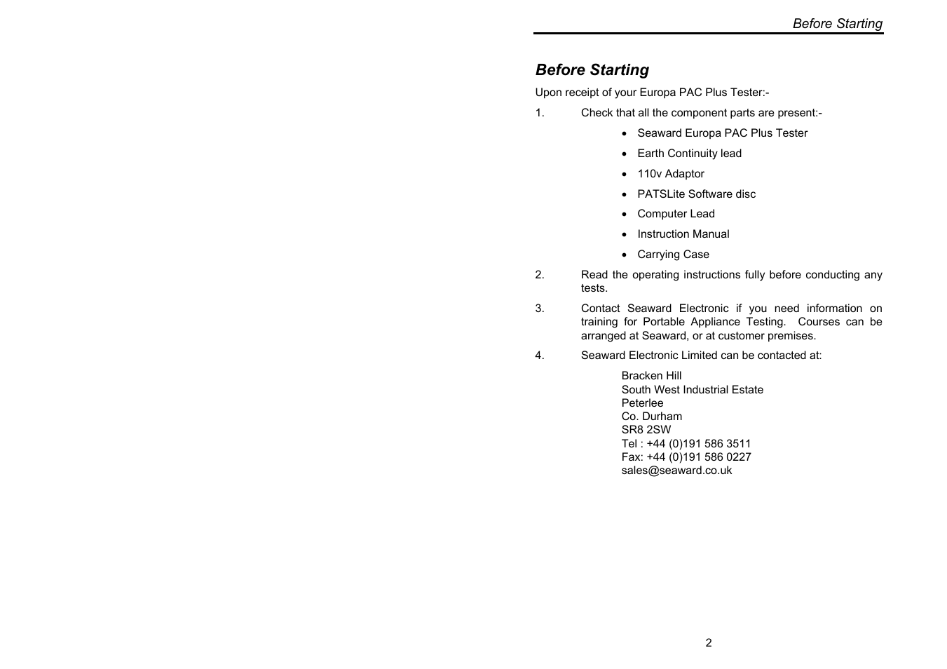 Before starting | Seaward Europa Pac Plus User Manual | Page 8 / 53