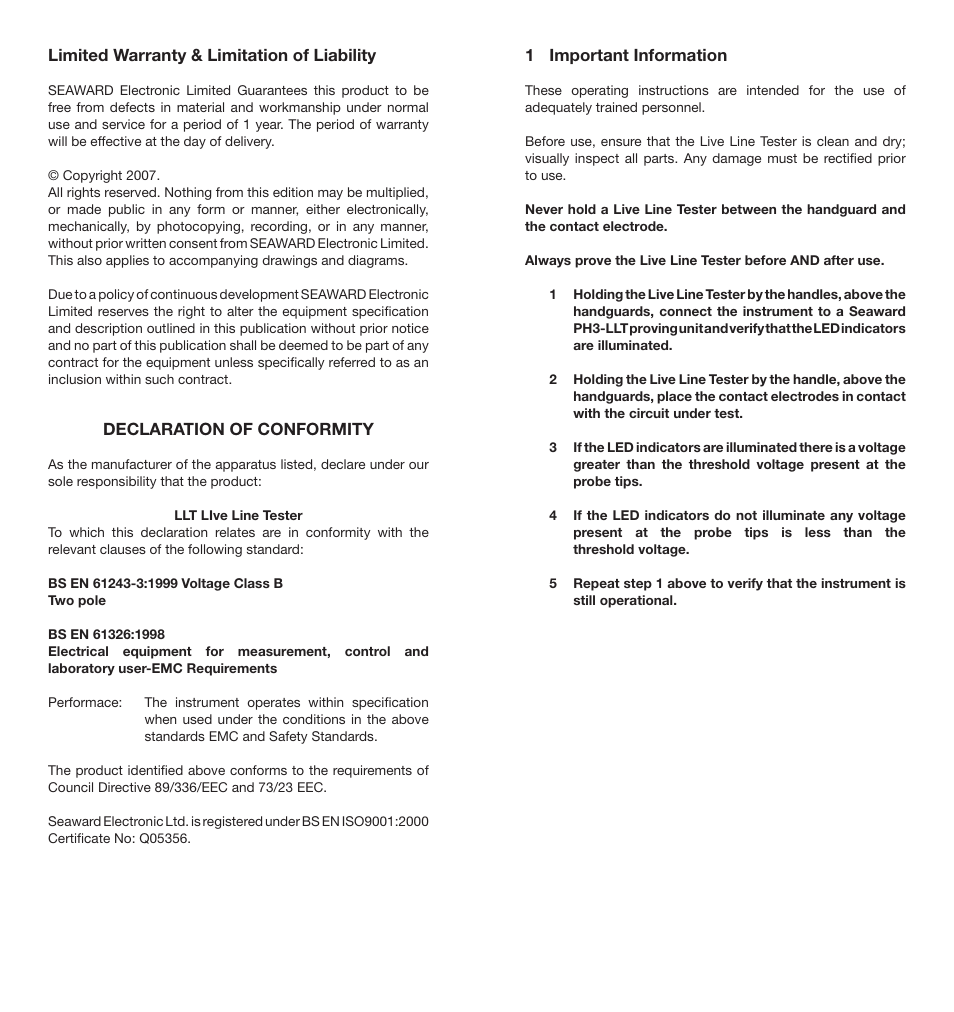 Limited warranty & limitation of liability, Declaration of conformity, 1 important information | Seaward LLT User Manual | Page 2 / 2