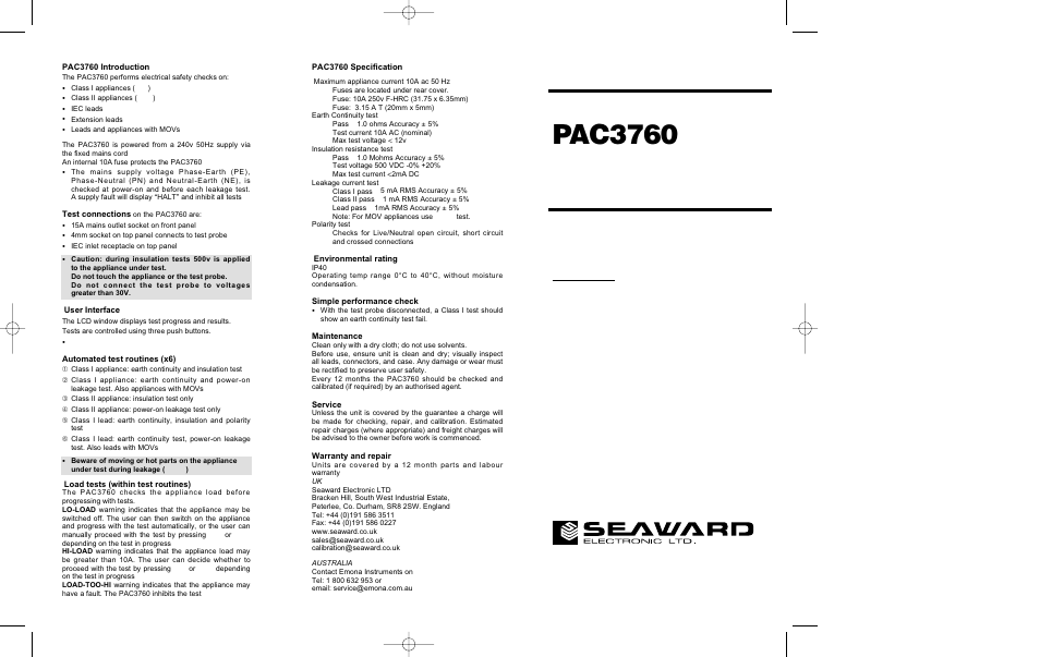 Seaward PAC3760 User Manual | 2 pages