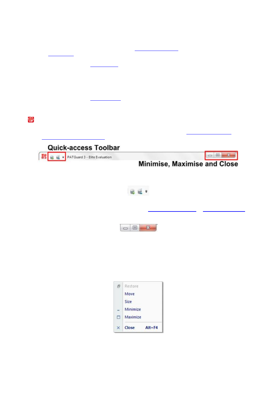 Main window, Short-cut keys, The title bar | Quick-access toolbar, Minimise, maximise and close buttons, Context menu, The ribbon | Seaward PATGuard 3 User Manual | Page 46 / 153