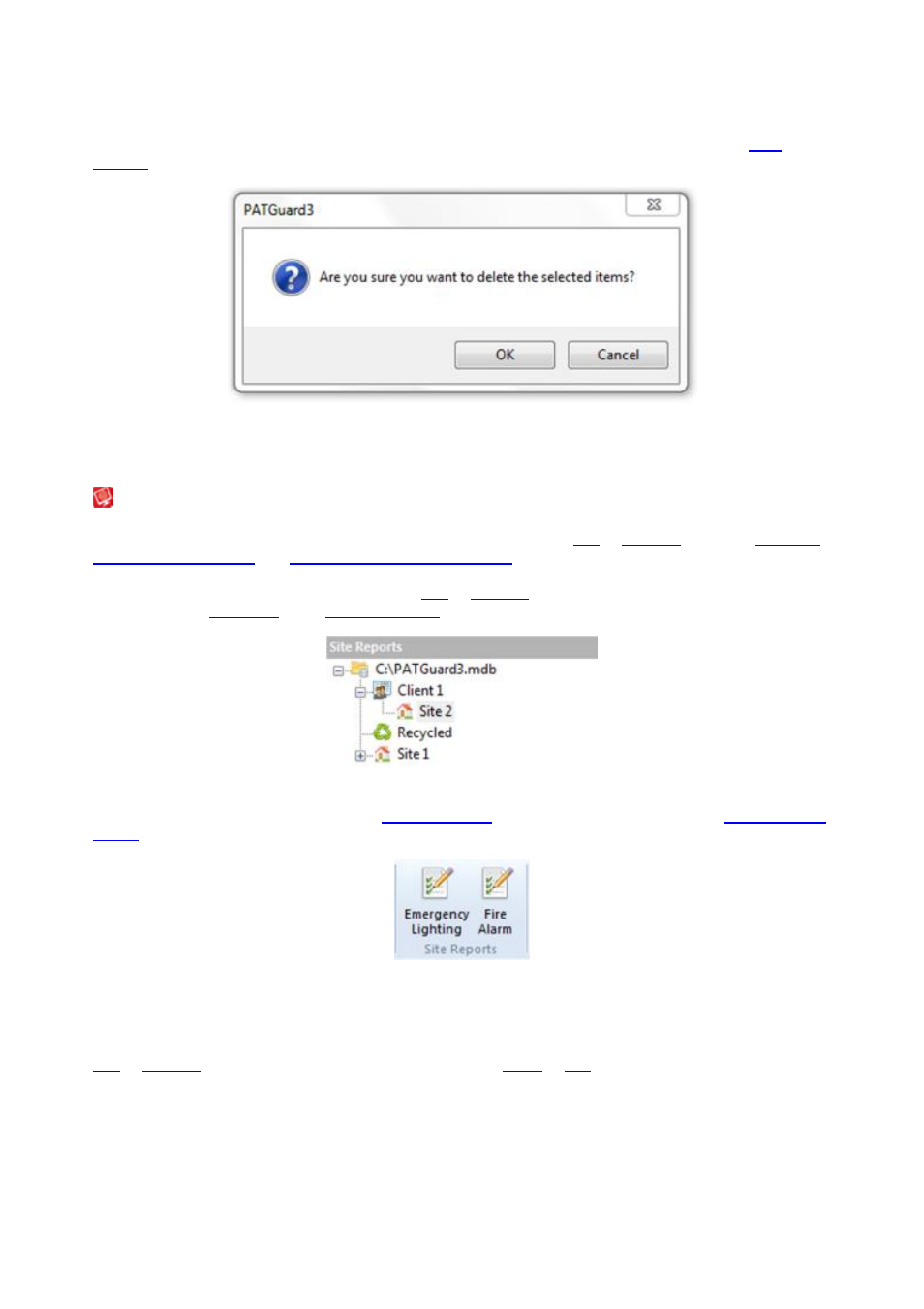 Fire alarm, Deleting an emergency lighting site report, Fire alarm site report | Seaward PATGuard 3 User Manual | Page 96 / 153